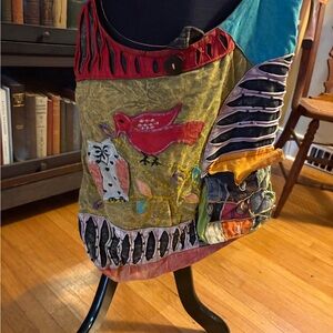 Colorful Patchwork Bag with Bird and Owl Design